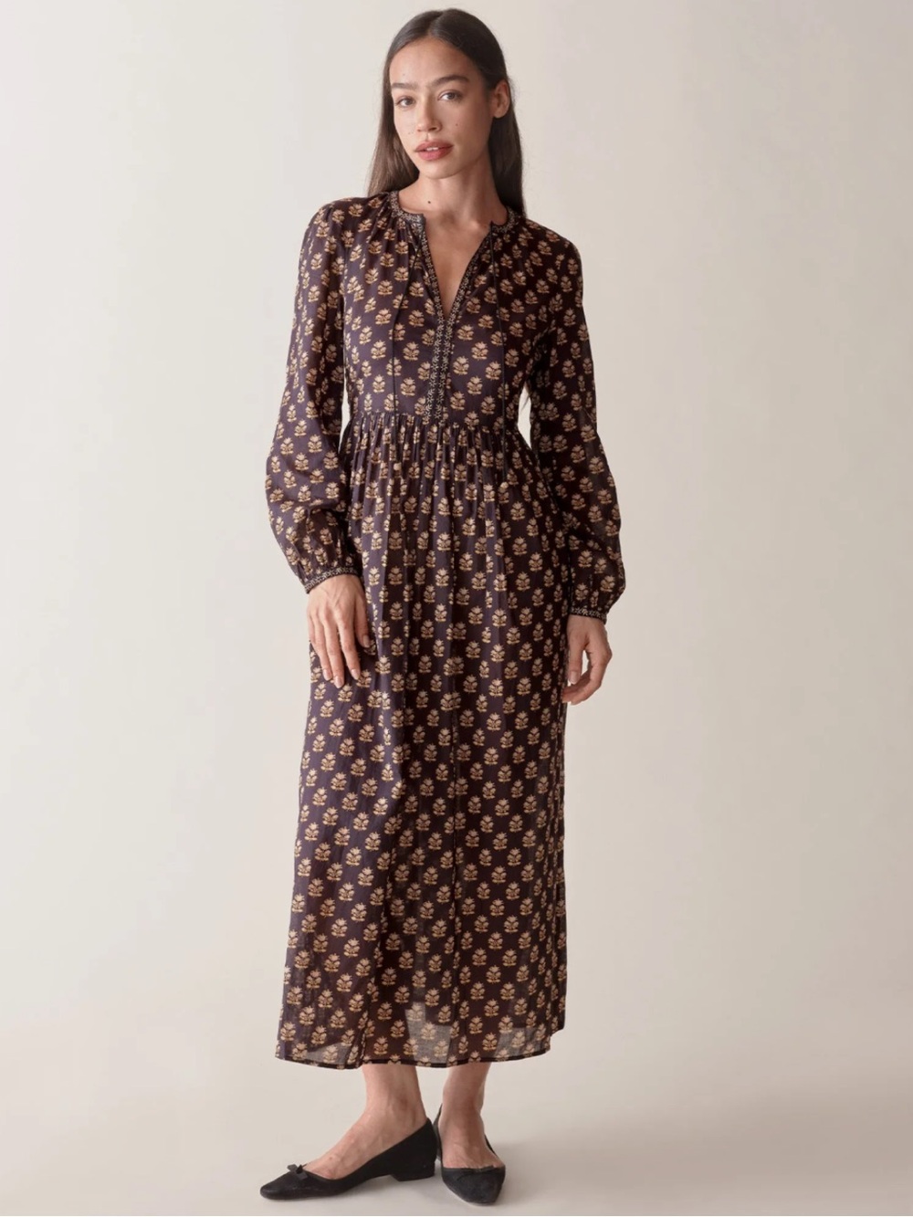 DOEN RHIANNON DRESS NOIR MEADOWSWEET FLORAL Cotton Longsleeve Dress